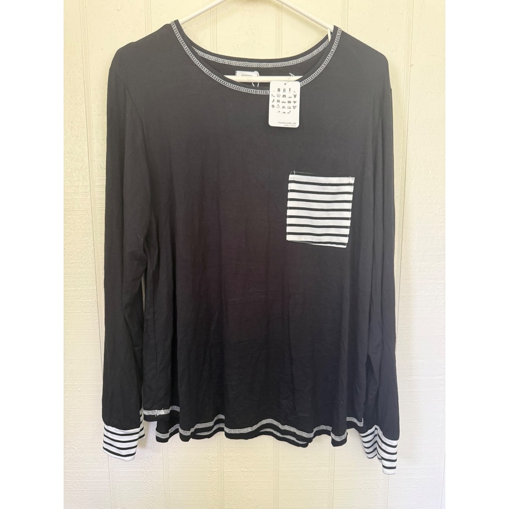 SWOMOG Womens Black Long Sleeve Pajama Top Striped Pocket Cuffs Sleep Shirt L